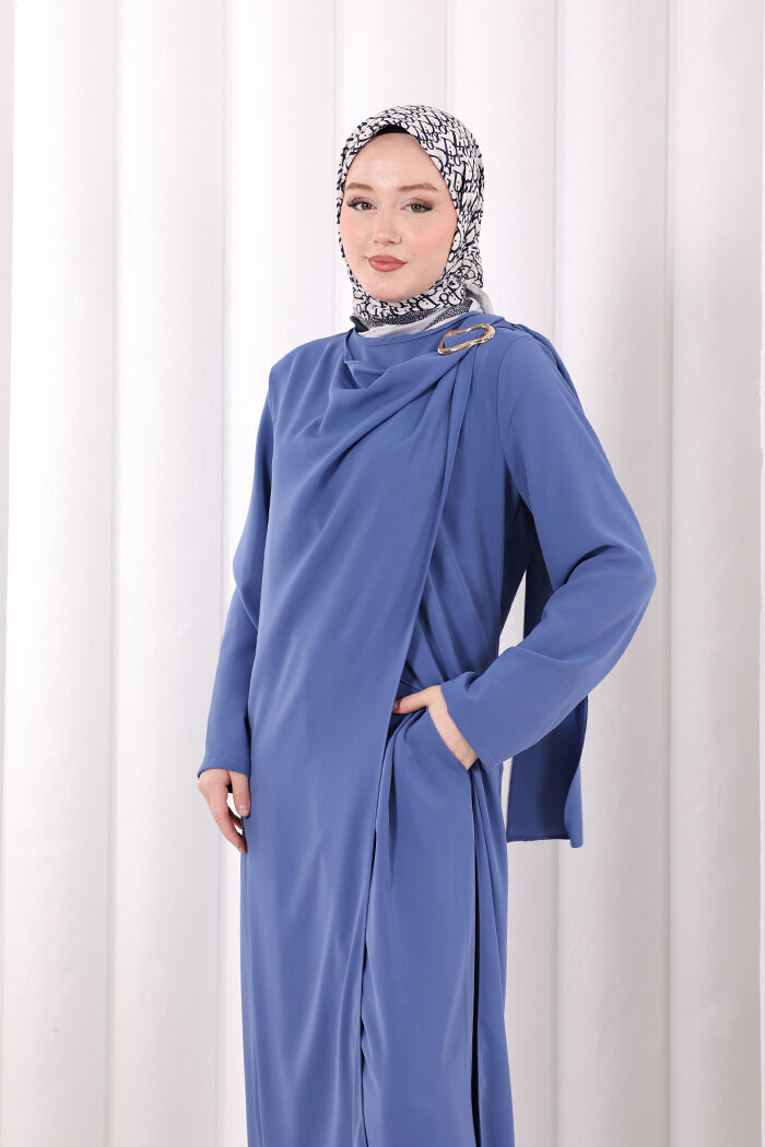 Tek Omuz Gold Toka Detaylı Tunik Pantolon Takım 8698 İndigo - 5
