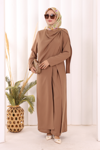 Tek Omuz Gold Toka Detaylı Tunik Pantolon Takım 8698 Kahverengi - Bym Fashion