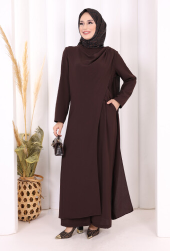 Tek Omuz Gold Toka Detaylı Tunik Pantolon Takım 8698 Kahverengi