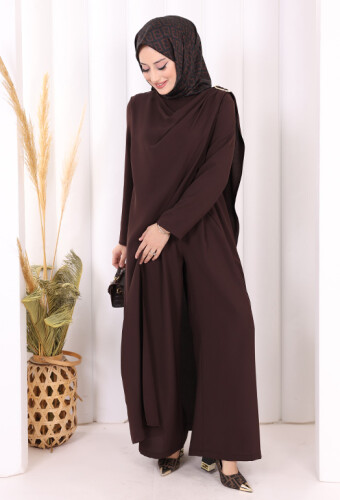 Tek Omuz Gold Toka Detaylı Tunik Pantolon Takım 8698 Kahverengi - 2