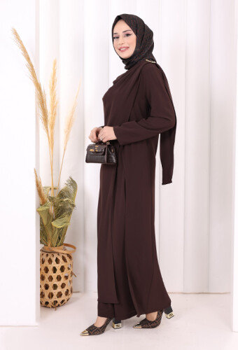 Tek Omuz Gold Toka Detaylı Tunik Pantolon Takım 8698 Kahverengi - 3