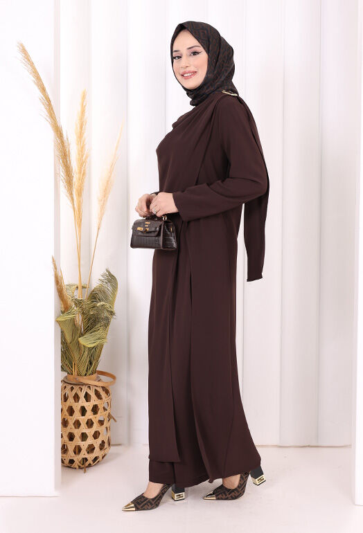 Tek Omuz Gold Toka Detaylı Tunik Pantolon Takım 8698 Kahverengi - 3