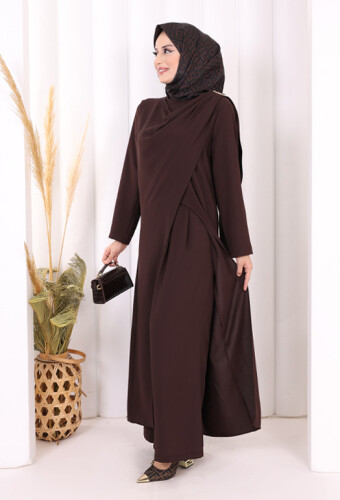 Tek Omuz Gold Toka Detaylı Tunik Pantolon Takım 8698 Kahverengi - 4