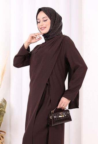 Tek Omuz Gold Toka Detaylı Tunik Pantolon Takım 8698 Kahverengi - 6