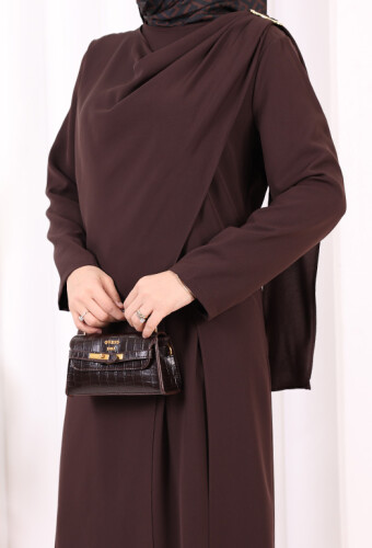 Tek Omuz Gold Toka Detaylı Tunik Pantolon Takım 8698 Kahverengi - 7