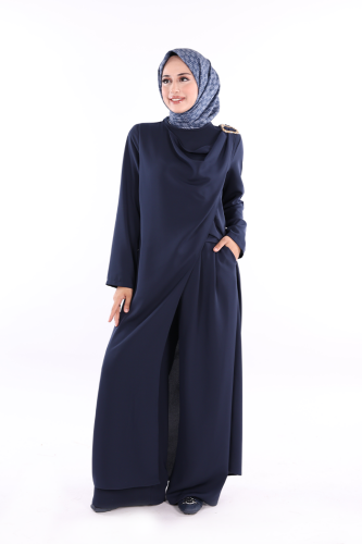 Tek Omuz Gold Toka Detaylı Tunik Pantolon Takım 8698 Lacivert - Bym Fashion