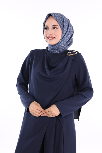 Tek Omuz Gold Toka Detaylı Tunik Pantolon Takım 8698 Lacivert - 4