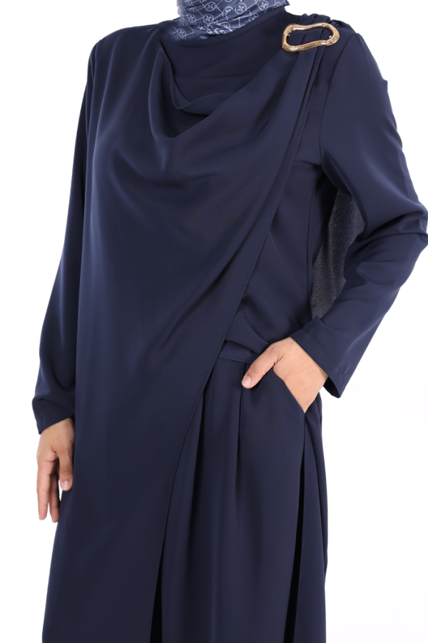 Tek Omuz Gold Toka Detaylı Tunik Pantolon Takım 8698 Lacivert - 5