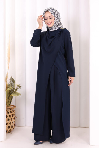 Tek Omuz Gold Toka Detaylı Tunik Pantolon Takım 8698 Lacivert - 2
