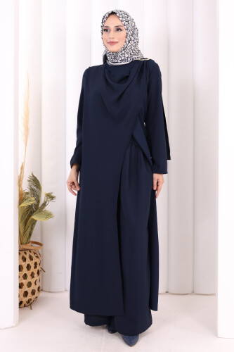 Tek Omuz Gold Toka Detaylı Tunik Pantolon Takım 8698 Lacivert - 3