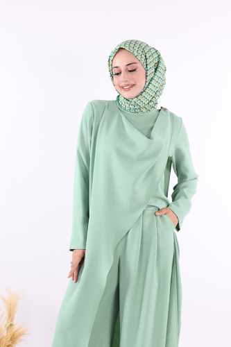 Tek Omuz Gold Toka Detaylı Tunik Pantolon Takım 8698 Mint - 4
