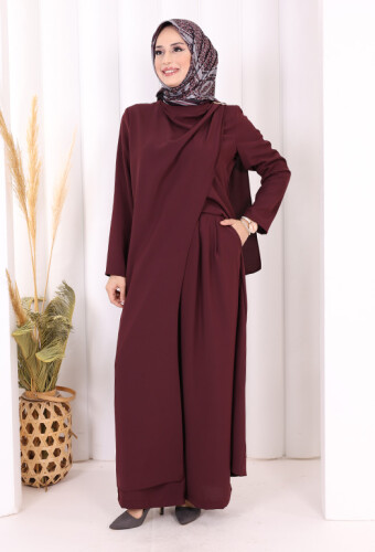 Tek Omuz Gold Toka Detaylı Tunik Pantolon Takım 8698 Mürdüm