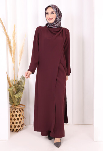 Tek Omuz Gold Toka Detaylı Tunik Pantolon Takım 8698 Mürdüm - 2