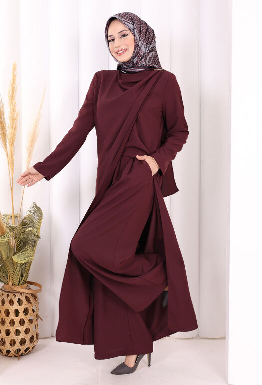 Tek Omuz Gold Toka Detaylı Tunik Pantolon Takım 8698 Mürdüm - 3