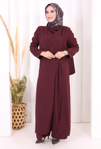 Tek Omuz Gold Toka Detaylı Tunik Pantolon Takım 8698 Mürdüm - 4