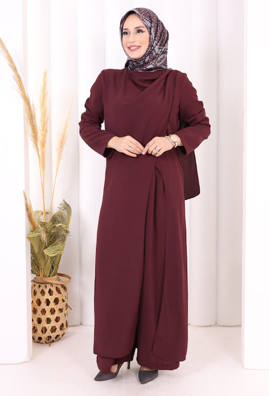 Tek Omuz Gold Toka Detaylı Tunik Pantolon Takım 8698 Mürdüm - 4