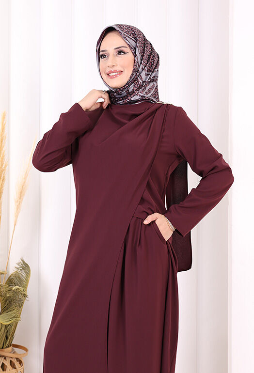 Tek Omuz Gold Toka Detaylı Tunik Pantolon Takım 8698 Mürdüm - 6