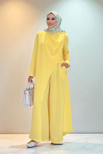 Tek Omuz Gold Toka Detaylı Tunik Pantolon Takım 8698 Sarı - Bym Fashion