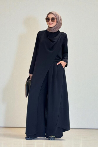 Tek Omuz Gold Toka Detaylı Tunik Pantolon Takım 8698 Siyah - Bym Fashion