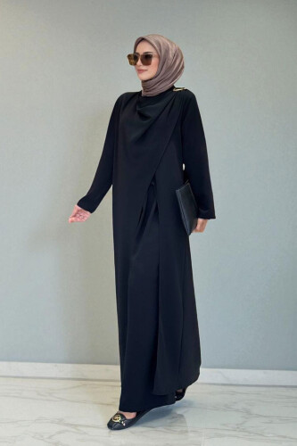 Tek Omuz Gold Toka Detaylı Tunik Pantolon Takım 8698 Siyah - 3