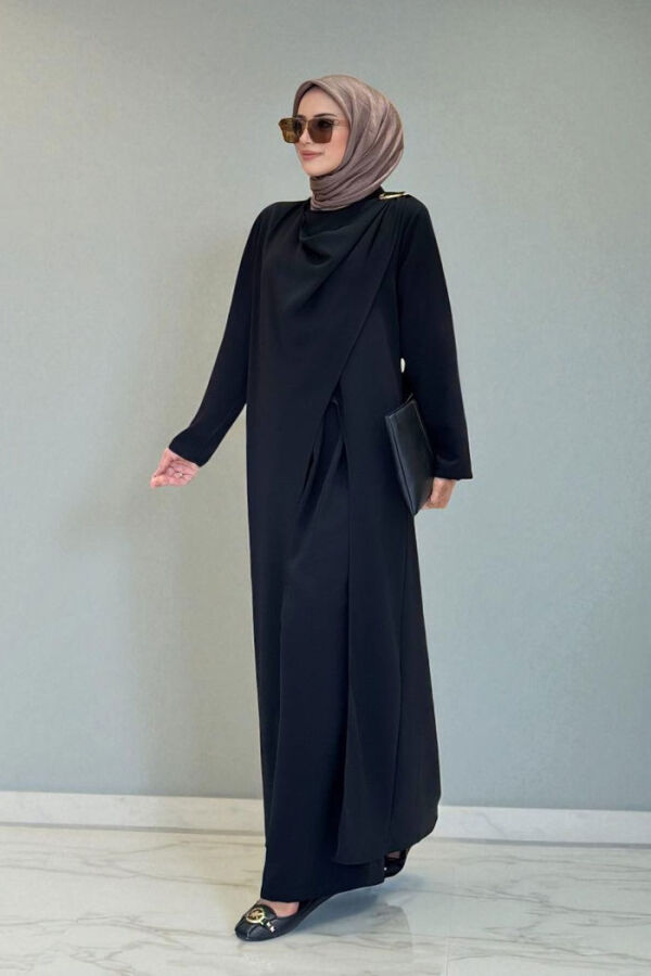 Tek Omuz Gold Toka Detaylı Tunik Pantolon Takım 8698 Siyah - 3