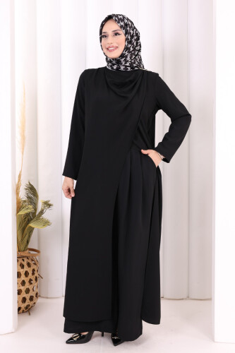 Tek Omuz Gold Toka Detaylı Tunik Pantolon Takım 8698 Siyah