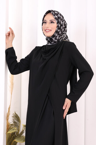 Tek Omuz Gold Toka Detaylı Tunik Pantolon Takım 8698 Siyah - 5