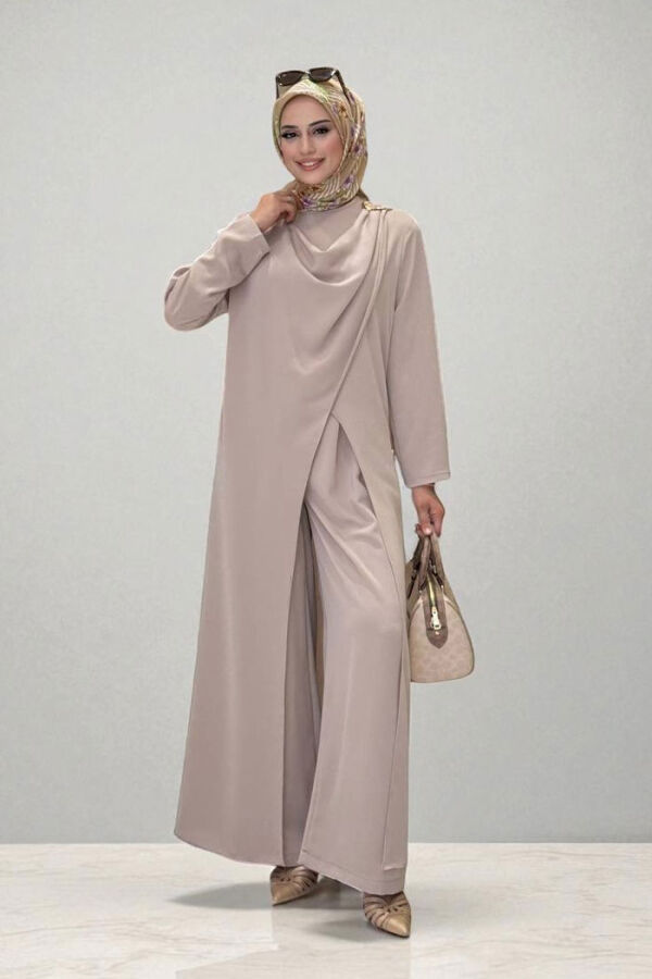 Tek Omuz Gold Toka Detaylı Tunik Pantolon Takım 8698 Vizon - 1