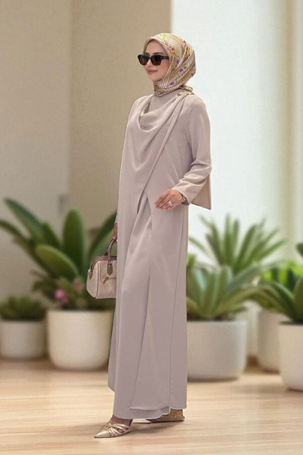 Tek Omuz Gold Toka Detaylı Tunik Pantolon Takım 8698 Vizon - 3