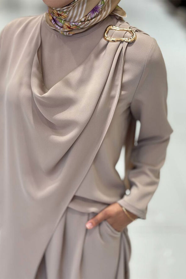 Tek Omuz Gold Toka Detaylı Tunik Pantolon Takım 8698 Vizon - 4