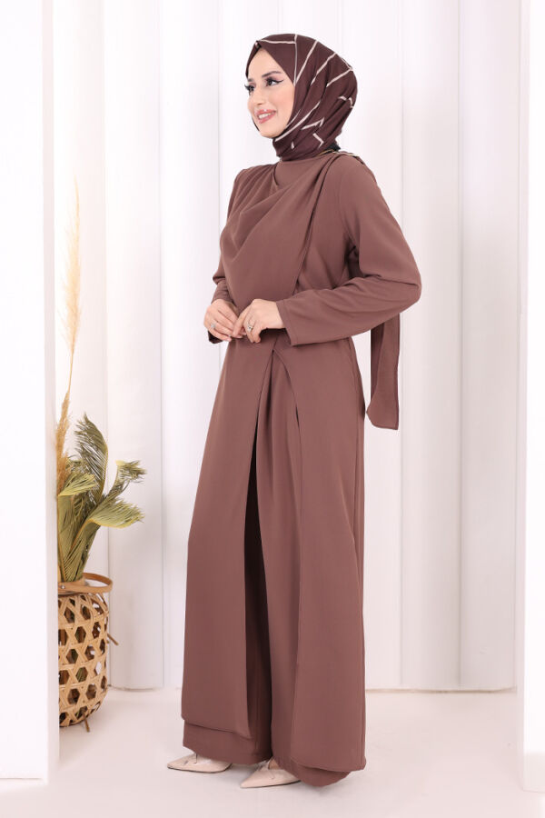 Tek Omuz Gold Toka Detaylı Tunik Pantolon Takım 8698 Vizon - 5