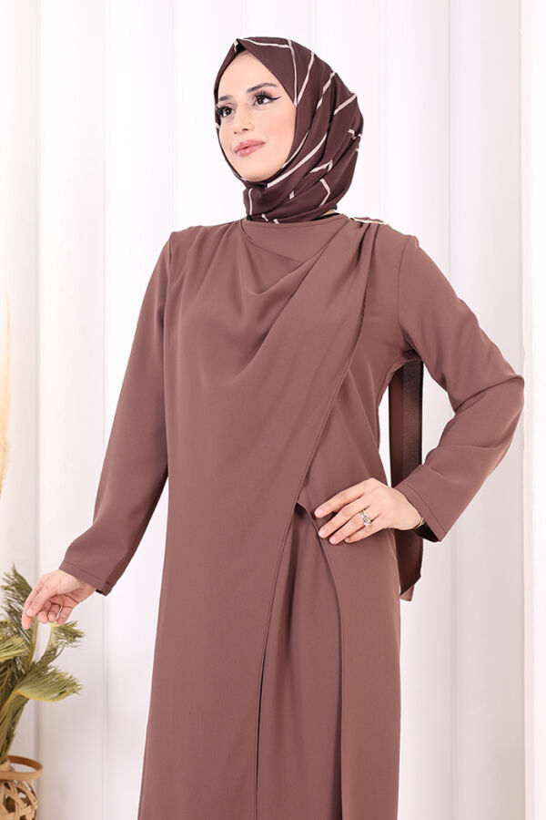 Tek Omuz Gold Toka Detaylı Tunik Pantolon Takım 8698 Vizon - 7