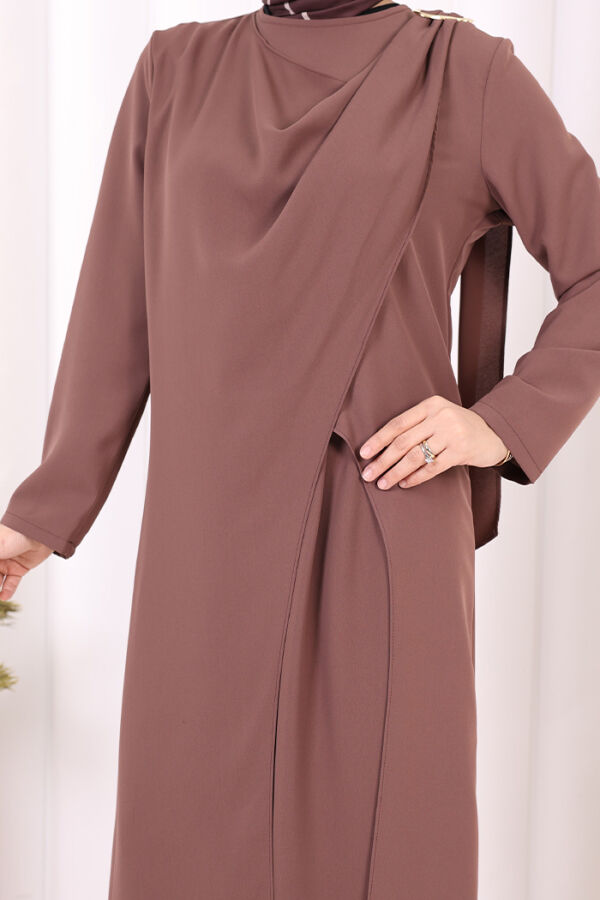 Tek Omuz Gold Toka Detaylı Tunik Pantolon Takım 8698 Vizon - 8