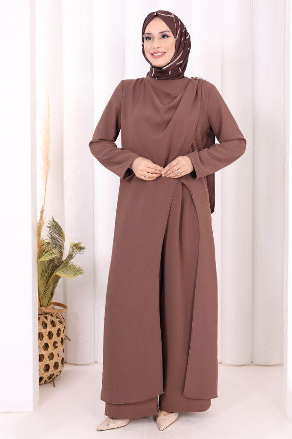 Tek Omuz Gold Toka Detaylı Tunik Pantolon Takım 8698 Vizon - 1