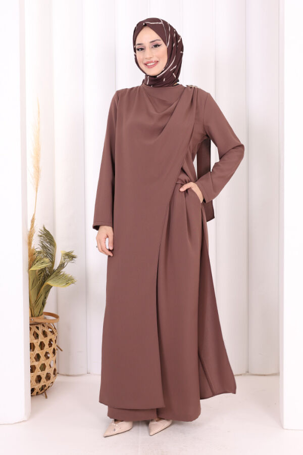 Tek Omuz Gold Toka Detaylı Tunik Pantolon Takım 8698 Vizon - 2