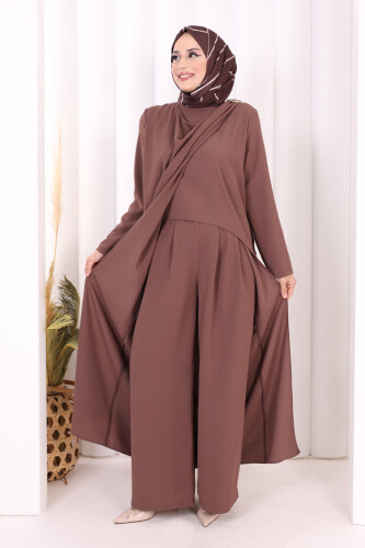 Tek Omuz Gold Toka Detaylı Tunik Pantolon Takım 8698 Vizon - 3