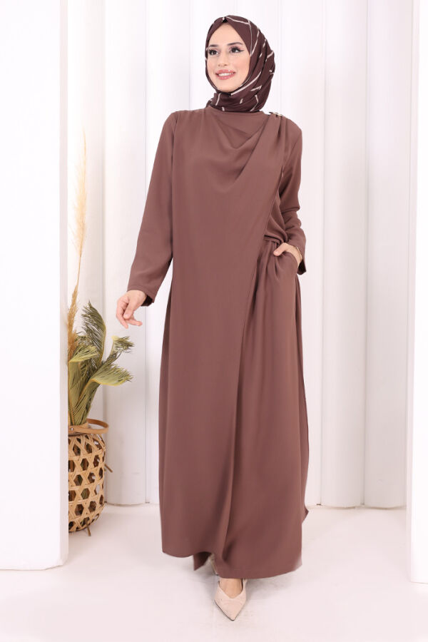 Tek Omuz Gold Toka Detaylı Tunik Pantolon Takım 8698 Vizon - 4