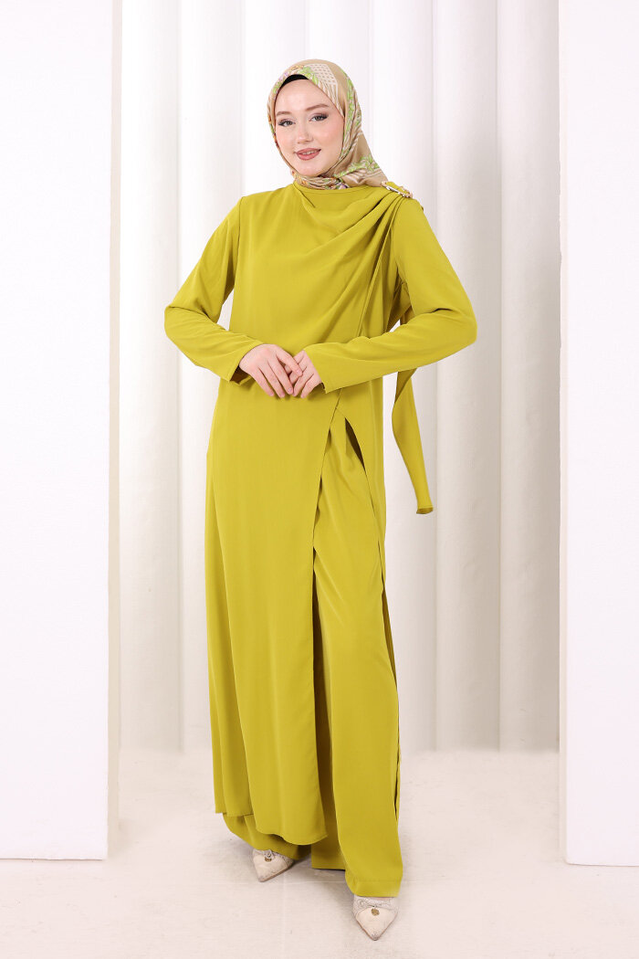 Tek Omuz Gold Toka Detaylı Tunik Pantolon Takım 8698 Yağ Yeşili - 3