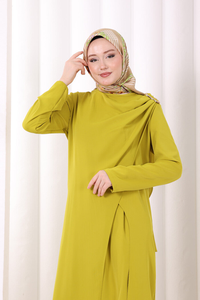 Tek Omuz Gold Toka Detaylı Tunik Pantolon Takım 8698 Yağ Yeşili - 5