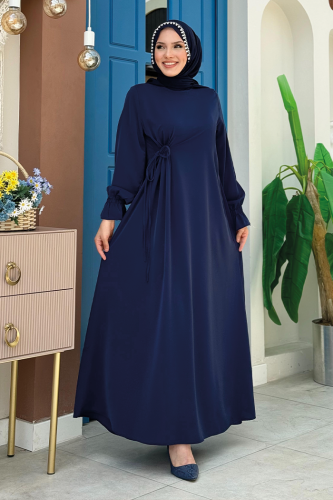 Tek Tarafı Yandan Büzmeli Elbise 6017 Lacivert - Bym Fashion