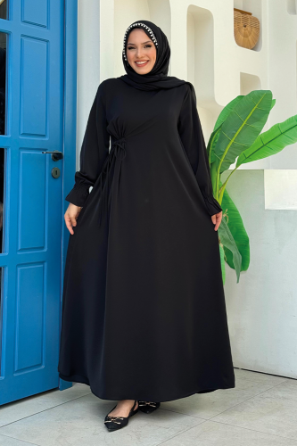 Tek Tarafı Yandan Büzmeli Elbise 6017 Siyah - Bym Fashion