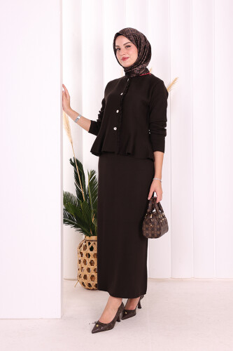 Triko Etek ve Hırka Takım 17040 Kahverengi - Bym Fashion