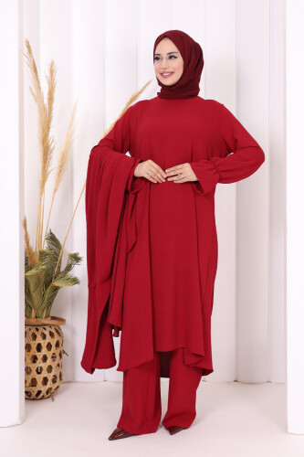 Tunik, Pantolon ve Abaya Üçlü Takım 8663 Bordo - 7