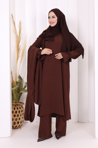Tunik, Pantolon ve Abaya Üçlü Takım 8663 Kahverengi - Bym Fashion