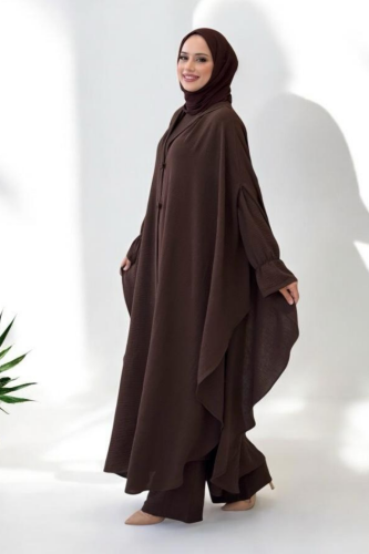 Tunik, Pantolon ve Abaya Üçlü Takım 8663 Kahverengi - 3
