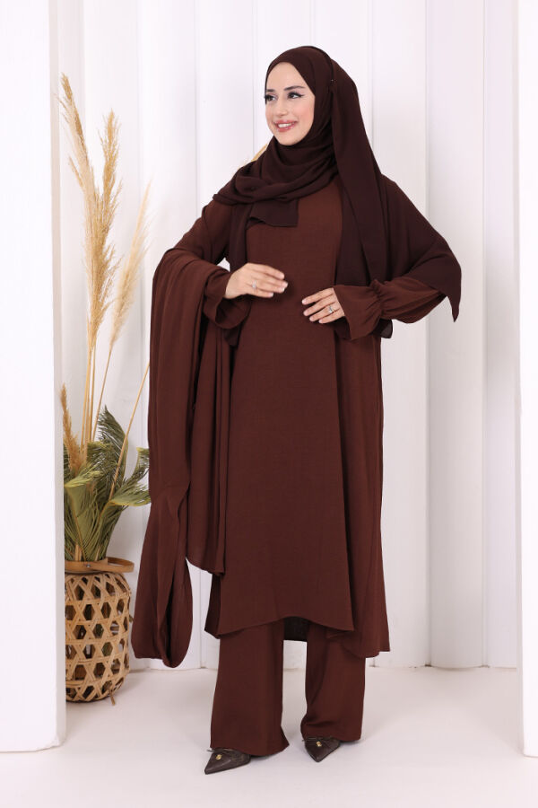 Tunik, Pantolon ve Abaya Üçlü Takım 8663 Kahverengi - 2