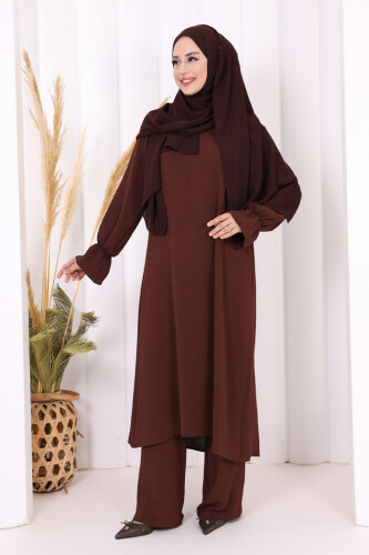 Tunik, Pantolon ve Abaya Üçlü Takım 8663 Kahverengi - 3