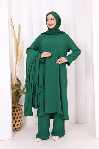 Tunik, Pantolon ve Abaya Üçlü Takım 8663 Zümrüt - 2