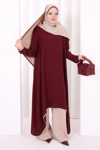Tunik Şal ve Pantolon Üçlü Takım 8030 Bordo - 2