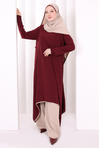 Tunik Şal ve Pantolon Üçlü Takım 8030 Bordo - 4